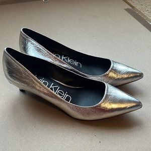 CK Calvin Klein Silver Leather Kitten Heel